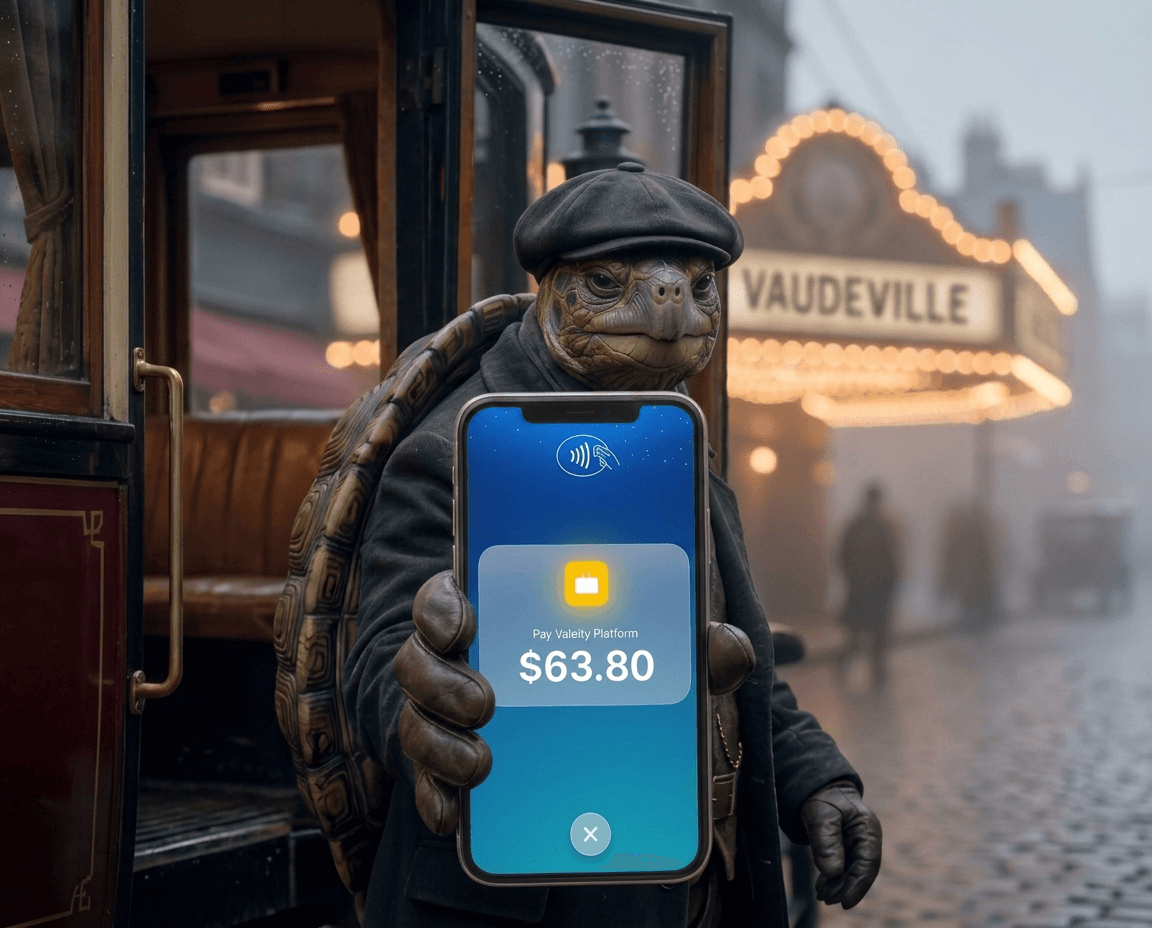 A tortoise holding out an iPhone showing a Tap to Pay payment for $63.80