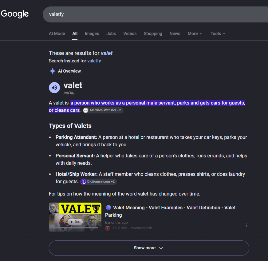 Google results for valetfy being corrected to valet, with a link to search instead for valetfy