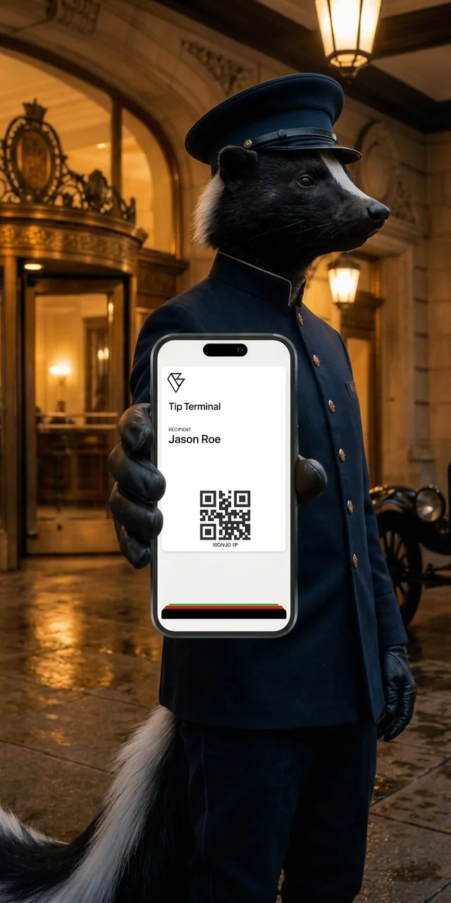 A hotel valet holding an iPhone with a Valetfy Tip Terminal QR code