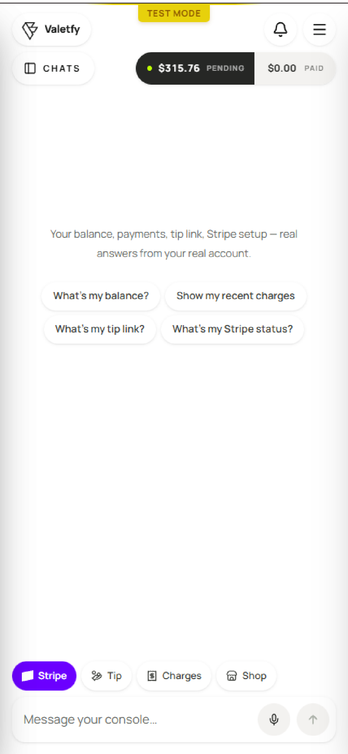 Valetfy Agent preview showing balance, recent charges, tip link, and Stripe status prompts